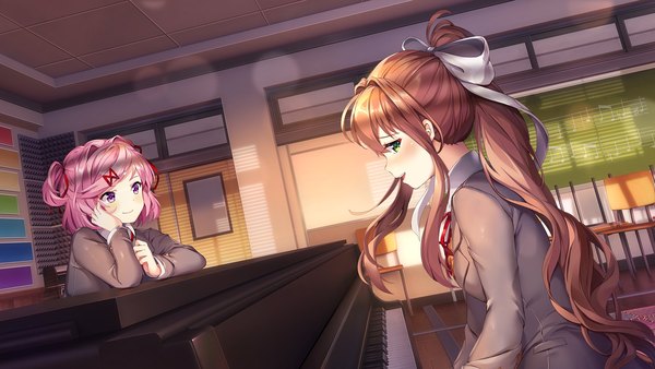Anime picture 1920x1080 with doki doki literature club monika (doki doki literature club) natsuki (doki doki literature club) satchely long hair looking at viewer blush fringe highres short hair open mouth smile hair between eyes brown hair wide image sitting purple eyes multiple girls payot looking away