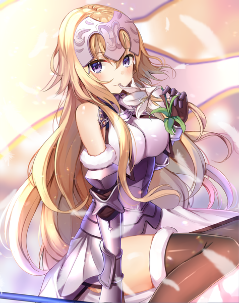 Anime picture 2000x2531 with fate (series) fate/apocrypha jeanne d'arc (fate) (all) jeanne d'arc (fate) satoimo chika single long hair tall image looking at viewer blush fringe highres breasts blonde hair hair between eyes large breasts sitting purple eyes bare shoulders light smile