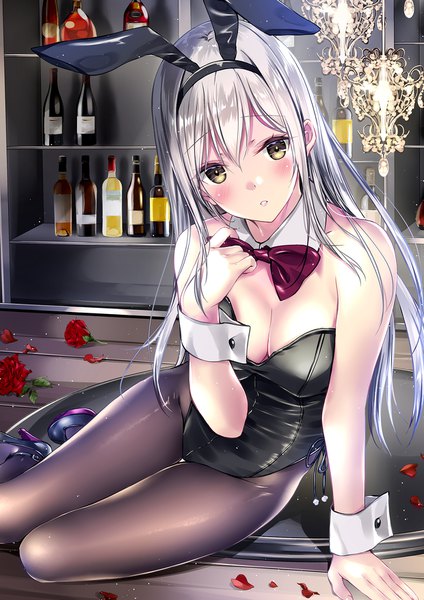 Anime picture 1240x1754 with original kobayashi chisato single long hair tall image looking at viewer blush fringe breasts light erotic hair between eyes sitting bare shoulders animal ears yellow eyes cleavage silver hair indoors head tilt arm support