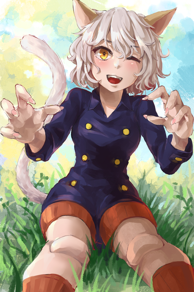 Anime picture 1200x1800 with hunter x hunter neferupito mr.lime single tall image looking at viewer blush fringe short hair open mouth smile hair between eyes sitting animal ears yellow eyes sky silver hair outdoors tail animal tail