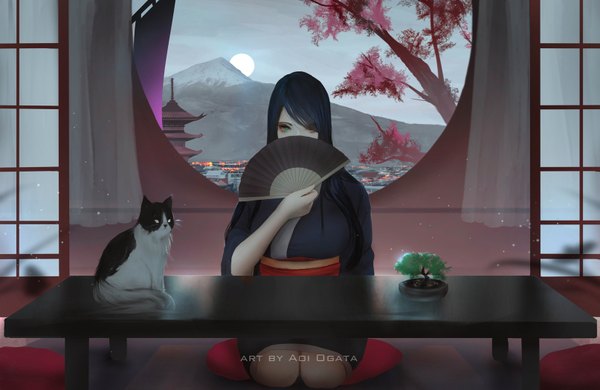 Anime-Bild 1613x1049 mit original aoi ogata single long hair looking at viewer fringe breasts large breasts sitting holding green eyes signed blue hair indoors traditional clothes japanese clothes hair over one eye night night sky cherry blossoms