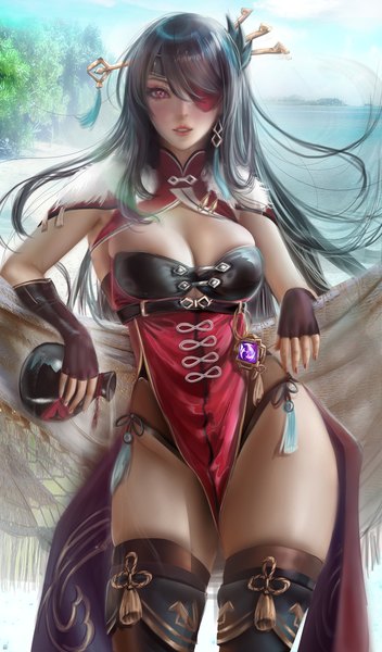Anime picture 2056x3508 with genshin impact beidou (genshin impact) donyta single long hair tall image looking at viewer blush fringe highres breasts light erotic black hair red eyes large breasts standing holding cleavage outdoors nail polish