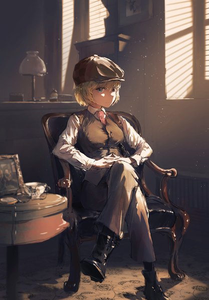 Anime picture 2779x4000 with virtual youtuber hololive hololive english watson amelia dino (dinoartforame) single tall image looking at viewer fringe highres short hair blue eyes blonde hair hair between eyes sitting full body indoors long sleeves crossed legs interlocked fingers