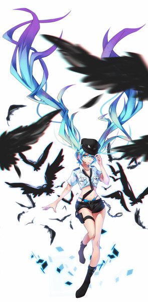 Anime picture 2000x4061 with vocaloid hatsune miku litsvn single tall image looking at viewer fringe highres open mouth blue eyes light erotic simple background standing white background twintails blue hair bent knee (knees) very long hair multicolored hair bare belly