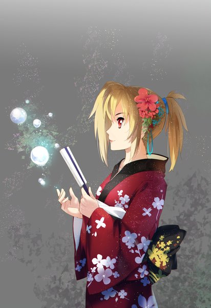 Anime picture 1559x2267 with csai (sain) single tall image short hair red eyes ponytail traditional clothes japanese clothes profile girl hair ornament kimono kanzashi