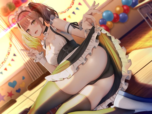Anime picture 2240x1680 with original oekakizuki single looking at viewer blush fringe highres short hair breasts open mouth light erotic smile brown hair large breasts twintails yellow eyes payot bent knee (knees) ass indoors