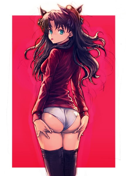 Anime picture 717x1000 with fate (series) fate/stay night type-moon toosaka rin boyaking(sbf) single long hair tall image looking at viewer light erotic brown hair twintails ass aqua eyes border outside border girl thighhighs underwear panties
