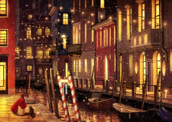 Anime picture 2500x1771 with original pei (sumurai) single highres short hair brown hair full body outdoors profile night city looking down snowing squat striped cityscape city lights river girl animal