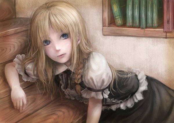 Anime picture 1500x1060 with touhou kirisame marisa lif (lif-ppp) single long hair fringe blue eyes blonde hair looking away braid (braids) maid puffy sleeves reclining no hat girl bow hair bow frills book (books) stairs