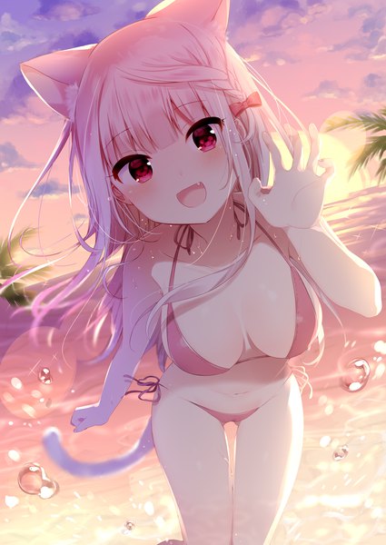 Anime picture 1290x1821 with original mafuyu (chibi21) single long hair tall image looking at viewer blush fringe breasts open mouth light erotic hair between eyes red eyes large breasts standing animal ears pink hair sky cloud (clouds) outdoors