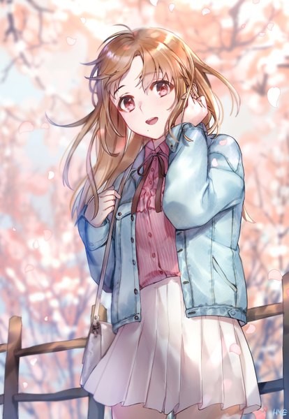 Anime picture 2079x3014 with original hieung single long hair tall image looking at viewer highres open mouth brown hair signed :d pleated skirt pink eyes mole open jacket cherry blossoms adjusting hair mole under mouth casual spring