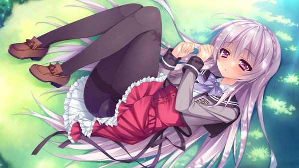 Anime picture 1280x720 with shukufuku no kane no oto wa kitazono saya anapom long hair light erotic red eyes wide image game cg white hair lying pantyshot girl uniform pantyhose serafuku