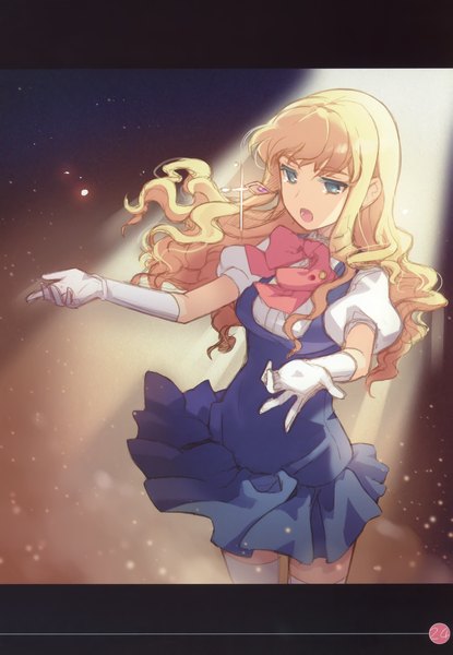 Anime picture 2098x3031 with macross macross frontier blonde blossom (artbook) sheryl nome h2so4 single long hair tall image highres open mouth blue eyes blonde hair wind scan letterboxed wavy hair singing girl thighhighs dress