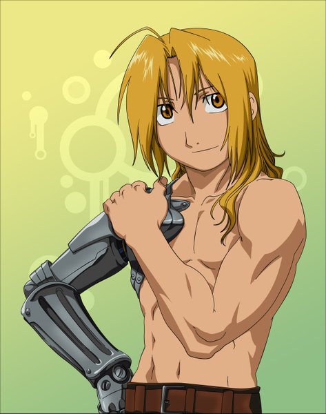 Anime picture 2200x2790 with fullmetal alchemist studio bones edward elric morrow single long hair tall image looking at viewer highres simple background blonde hair yellow eyes ahoge light smile hand on hip topless muscle vector mechanical arms hand on shoulder