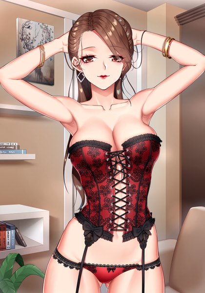 Anime picture 2400x3428 with original yi mian single long hair tall image looking at viewer fringe highres breasts light erotic brown hair large breasts standing bare shoulders brown eyes cleavage indoors light smile lips arms up