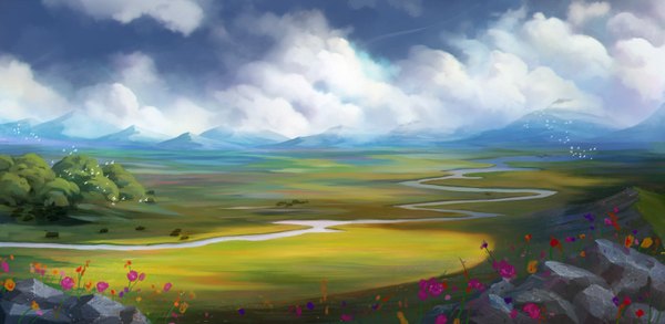 Anime picture 1600x782 with alextooth wide image sky cloud (clouds) mountain no people landscape river hill flower (flowers) plant (plants) animal tree (trees) bird (birds) stone (stones)