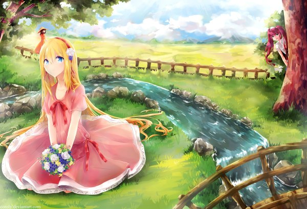 Anime picture 1200x820 with original coroly (artist) long hair open mouth blue eyes blonde hair smile brown hair sitting twintails multiple girls green eyes sky cloud (clouds) red hair hair flower girl dress hair ornament ribbon (ribbons)