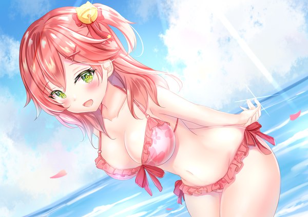 Anime picture 2046x1447 with virtual youtuber hololive sakura miko sakura miko (2nd costume) yuano single long hair looking at viewer blush fringe highres breasts open mouth light erotic smile hair between eyes standing green eyes pink hair sky