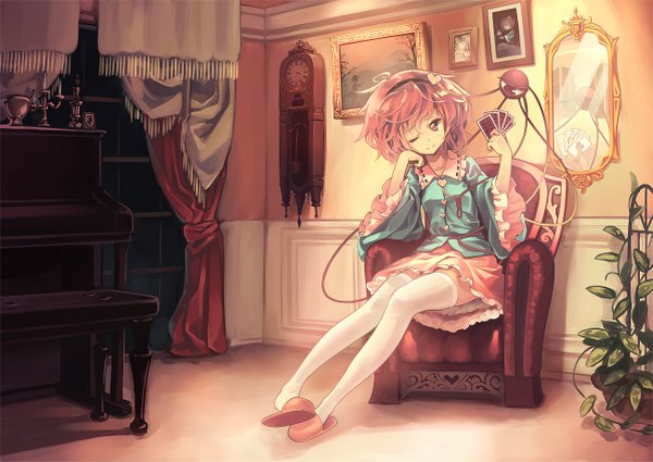 Anime picture 1300x921 with touhou komeiji satori orita enpitsu short hair red eyes sitting pink hair one eye closed wink girl thighhighs dress white thighhighs window clock armchair card (cards) mirror picture eyeball