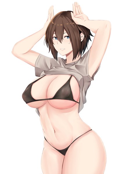 Anime picture 2480x3507 with original deroo single tall image looking at viewer fringe highres short hair breasts blue eyes light erotic simple background hair between eyes brown hair large breasts standing white background parted lips light smile arms up