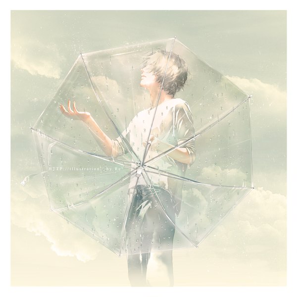 Anime picture 956x956 with original re (artist) single short hair blonde hair standing holding signed profile border looking up twisty sleeves transparent umbrella boy umbrella water drop jeans