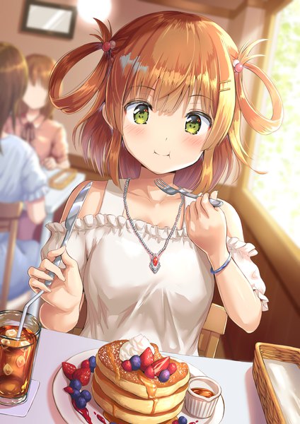 Anime picture 827x1169 with princess connect! re:dive princess connect! rino (princess connect!) hirokazu (analysis-depth) long hair tall image blush fringe bare shoulders multiple girls holding green eyes indoors blurry orange hair two side up dutch angle depth of field solo focus eating