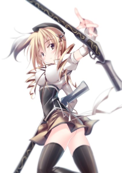 Anime picture 1240x1754 with mahou shoujo madoka magica shaft (studio) tomoe mami single long hair tall image blush light erotic simple background blonde hair white background purple eyes ass looking back drill hair girl thighhighs weapon black thighhighs gun