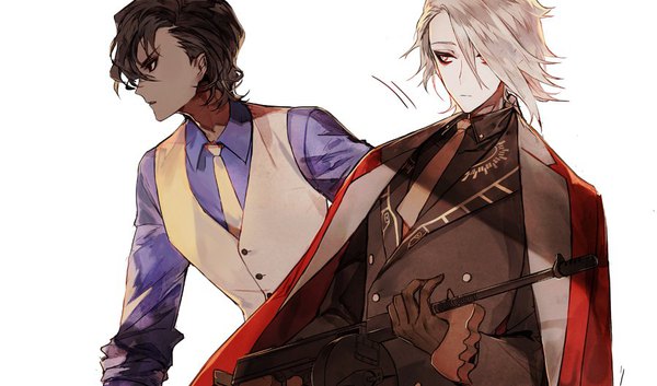 Anime picture 900x530 with fate (series) fate/grand order karna (fate) arjuna (fate) mo (mocopo) short hair black hair simple background wide image white background looking away upper body profile grey hair black eyes multiple boys grey eyes dark skin clothes on shoulders heroic spirit formal dress