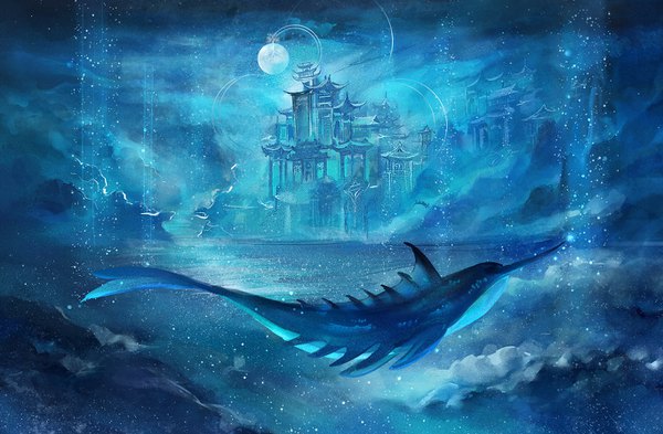Anime picture 1366x896 with original na yan cloud (clouds) night night sky flying no people animal sea moon full moon fish (fishes) pagoda flying fish
