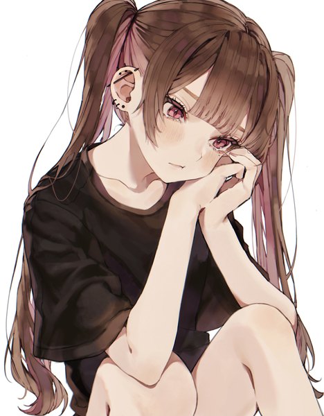 Anime picture 2400x3077 with original daluto (hitomi555) single long hair tall image blush fringe highres simple background brown hair white background sitting twintails brown eyes payot looking away blunt bangs short sleeves piercing ear piercing