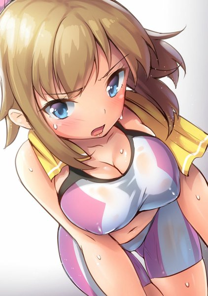 Anime picture 563x800 with mobile suit gundam gundam build fighters sunrise (studio) hoshino fumina pyz (cath x tech) single long hair tall image looking at viewer blush fringe breasts open mouth blue eyes light erotic blonde hair large breasts bare shoulders ponytail from above