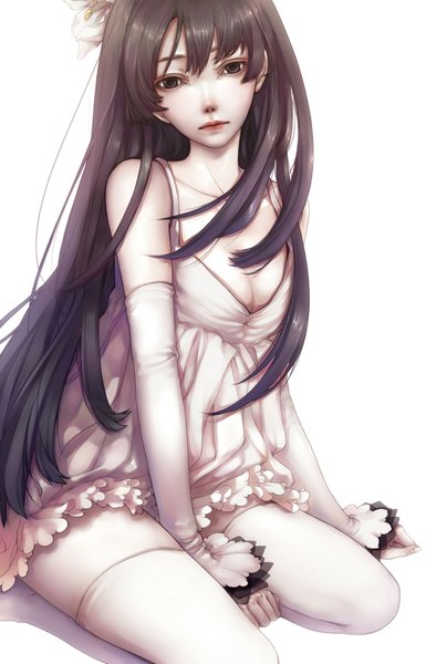 Anime picture 1024x1596 with fukawa (pixiv) single long hair tall image simple background brown hair white background sitting brown eyes cleavage hair flower girl thighhighs dress gloves hair ornament white thighhighs elbow gloves white dress
