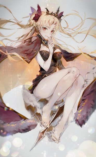 Anime picture 700x1137 with fate (series) fate/grand order toosaka rin ereshkigal (fate) hxxg single long hair tall image fringe breasts open mouth light erotic simple background blonde hair red eyes large breasts sitting holding full body bent knee (knees)
