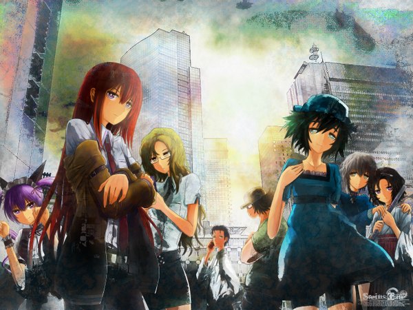 Anime picture 2768x2077 with steins;gate white fox makise kurisu shiina mayuri okabe rintarou faris nyannyan amane suzuha urushibara ruka kiryuu moeka hashida itaru long hair highres short hair black hair brown hair purple eyes multiple girls green eyes animal ears purple hair