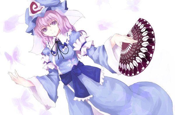 Anime picture 1200x791 with touhou saigyouji yuyuko asagi shii single short hair simple background white background purple eyes pink hair girl dress insect butterfly bonnet fan