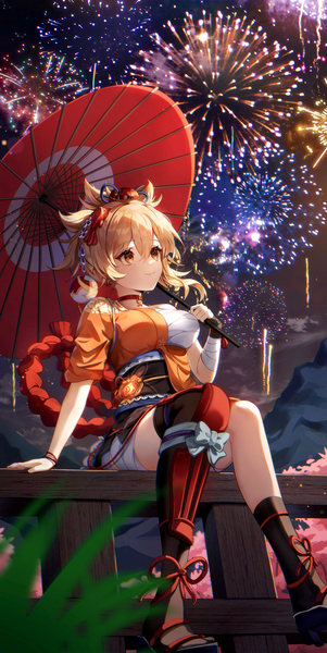Anime picture 1841x3665 with genshin impact yoimiya (genshin impact) aidaosamuaya single tall image fringe highres short hair breasts blonde hair hair between eyes large breasts sitting holding yellow eyes looking away outdoors traditional clothes japanese clothes light smile