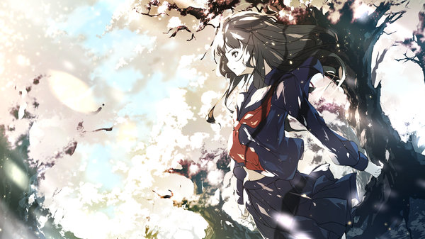 Anime picture 3200x1800 with original c.c.r single long hair highres black hair brown hair wide image brown eyes looking away profile pleated skirt wind sunlight from below cherry blossoms spring girl skirt uniform