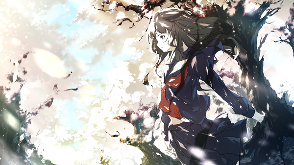 Anime-Bild 3200x1800 mit original c.c.r single long hair highres black hair brown hair wide image brown eyes looking away profile pleated skirt wind sunlight from below cherry blossoms spring girl skirt uniform