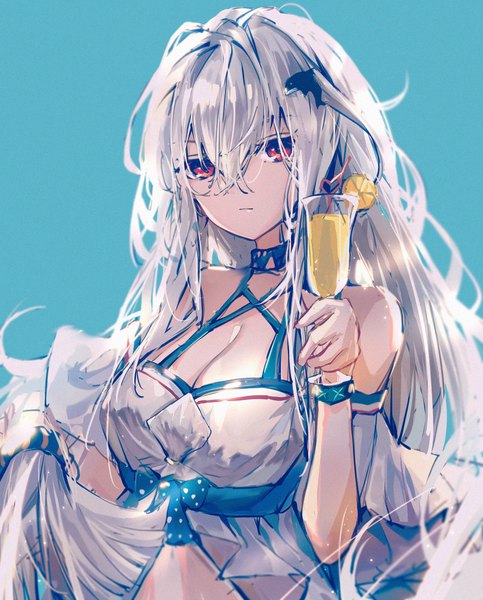 Anime picture 2000x2482 with arknights skadi (arknights) skadi (waverider) (arknights) kaxnight single long hair tall image fringe highres breasts simple background hair between eyes red eyes large breasts cleavage silver hair upper body official alternate costume aqua background girl