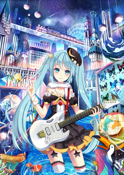 Anime picture 852x1200 with vocaloid hatsune miku yuna (rutera) single long hair tall image looking at viewer twintails bare shoulders aqua eyes aqua hair girl thighhighs dress skirt hair ornament animal water scarf bird (birds)