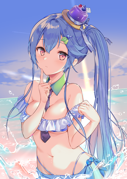 Anime picture 1190x1670 with original cona kinaco single long hair tall image looking at viewer blush fringe breasts light erotic hair between eyes standing bare shoulders payot blue hair sky cloud (clouds) upper body outdoors pink eyes