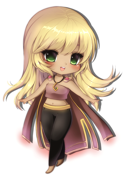Anime picture 1083x1555 with midna01 single long hair tall image blush open mouth blonde hair smile standing green eyes full body sleeveless transparent background chibi girl navel