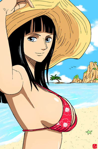 Anime picture 992x1500 with one piece toei animation nico robin chris re5 single long hair tall image looking at viewer fringe breasts blue eyes light erotic black hair smile large breasts signed sky cloud (clouds) blunt bangs arm up
