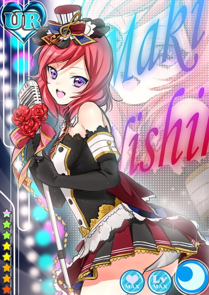 Anime picture 862x1218 with love live! school idol project sunrise (studio) love live! nishikino maki kisaragi mizu single tall image looking at viewer short hair open mouth light erotic purple eyes bare shoulders red hair :d pantyshot character names card (medium) zoom layer treble clef