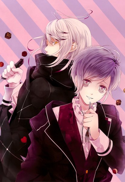 Anime picture 1280x1859 with diabolik lovers idea factory sakamaki kanato tsukinami carla satoi (artist) tall image looking at viewer short hair open mouth simple background yellow eyes silver hair purple hair ahoge profile looking back multiple boys grey eyes striped vampire