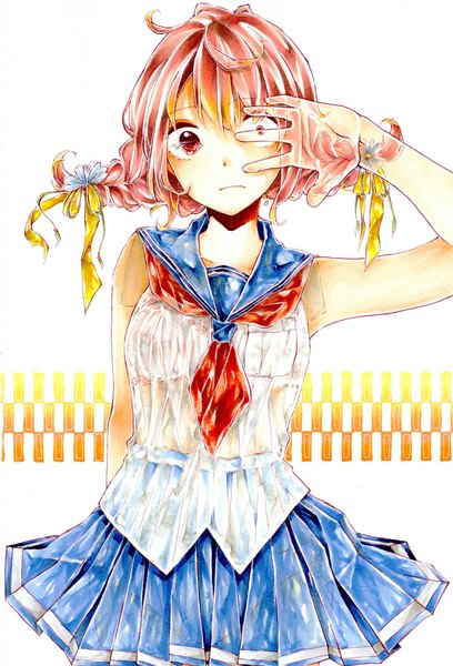 Anime picture 778x1143 with original kawana (spicaboy) single tall image short hair white background looking away pink hair braid (braids) pink eyes twin braids wet clothes wet shirt girl ribbon (ribbons) hair ribbon sailor suit