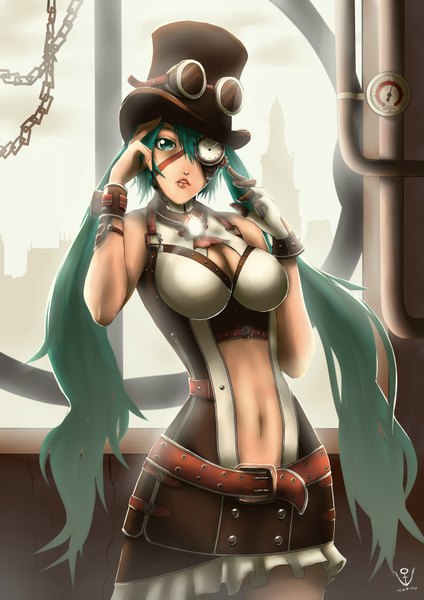 Anime picture 1169x1654 with vocaloid hatsune miku single long hair tall image looking at viewer fringe breasts open mouth light erotic twintails aqua eyes lips aqua hair steam punk girl navel hat belt bodysuit