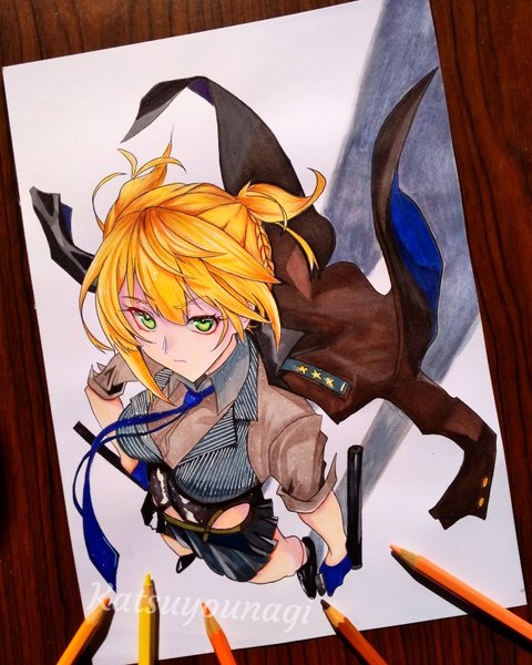 Anime picture 687x858 with girls frontline welrod mk2 (girls frontline) katsuyounagi single tall image looking at viewer short hair blonde hair standing green eyes signed full body long sleeves from above shadow hand on hip twisty sleeves traditional media colored pencil (medium) photo (medium)