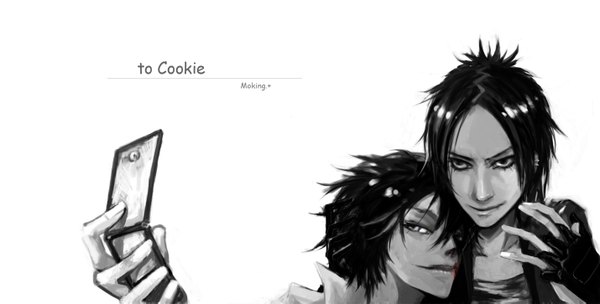 Anime picture 1430x725 with katekyou hitman reborn hibari kyouya rokudo mukuro moking (pixiv) short hair black hair simple background wide image white background monochrome shounen ai boy gloves phone