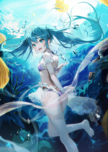 Anime picture 1280x1800 with vocaloid hatsune miku yampa single long hair tall image looking at viewer blush fringe open mouth light erotic smile hair between eyes standing twintails :d barefoot aqua eyes aqua hair floating hair